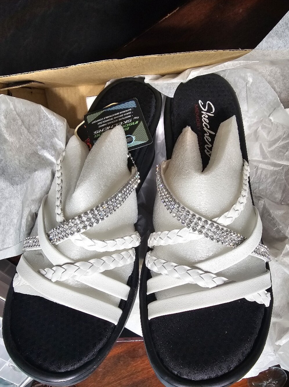 Skechers Pearl White Braided Rhinestone Slide Sandals